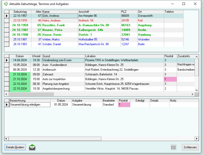 Aktuelle Geburtstage, Termine und Aufgaben