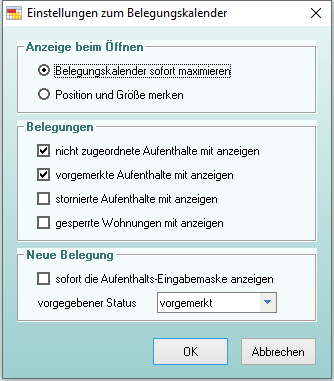 Einstellungen zum Belegungskalender