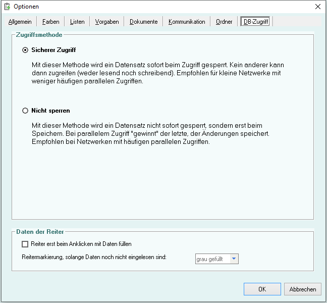 Optionen - Reiter 'DB-Zugriff'