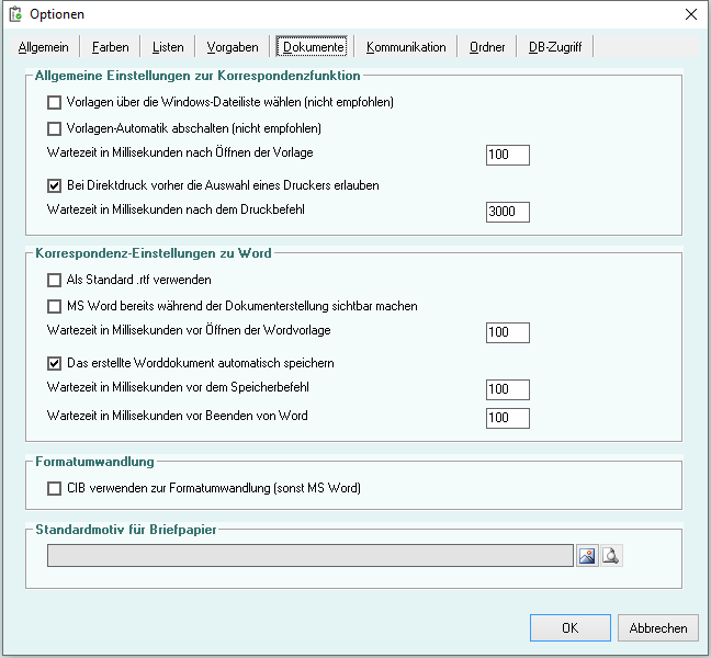 Optionen - Reiter 'Dokumente'