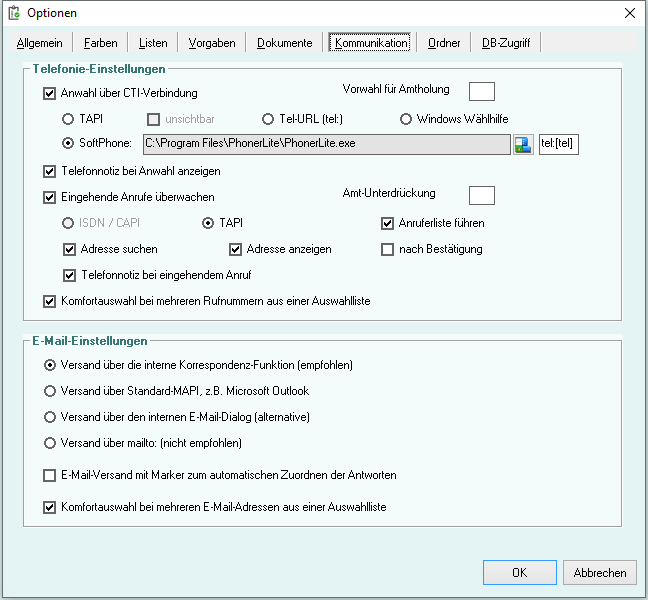 Optionen - Reiter 'Kommunikation'