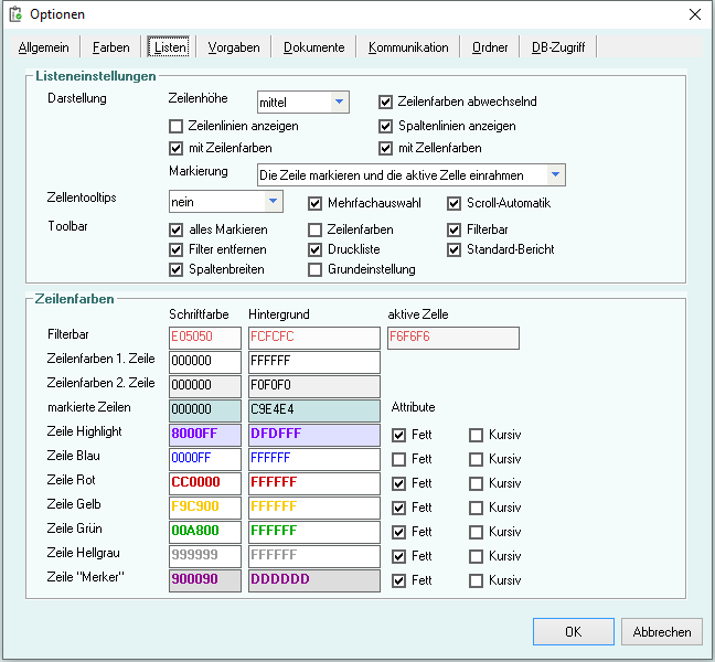 Optionen - Reiter 'Listen'