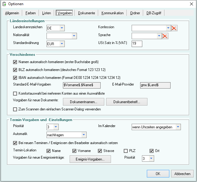 Optionen - Reiter 'Vorgaben'