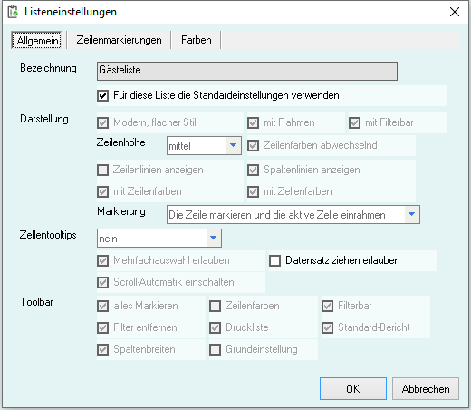 Listeneinstellungen - Allgemein