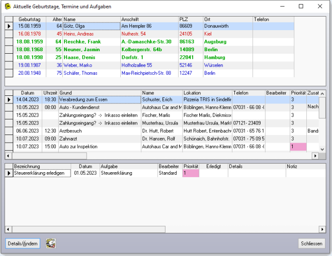 Aktuelle Geburtstage, Termine und Aufgaben