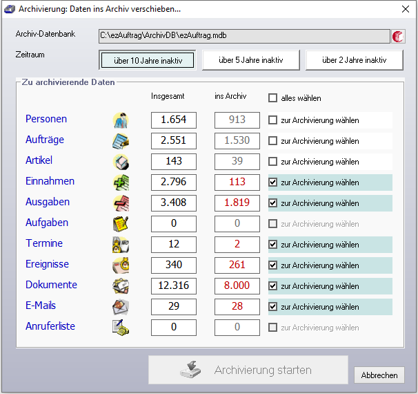 Archivierung: Daten ins Archiv verschieben