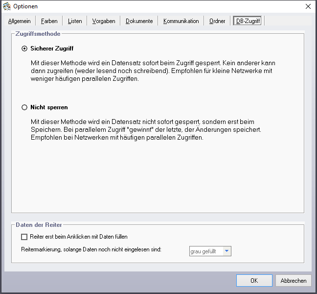 Optionen - Reiter 'DB-Zugriff'