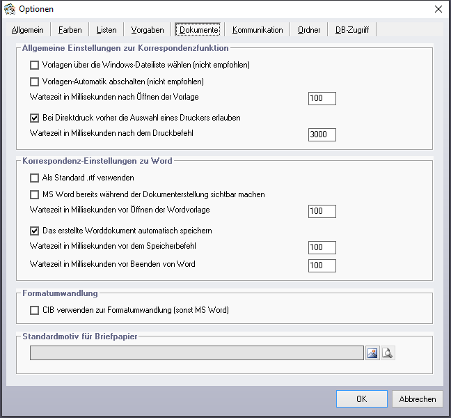 Optionen - Reiter 'Dokumente'