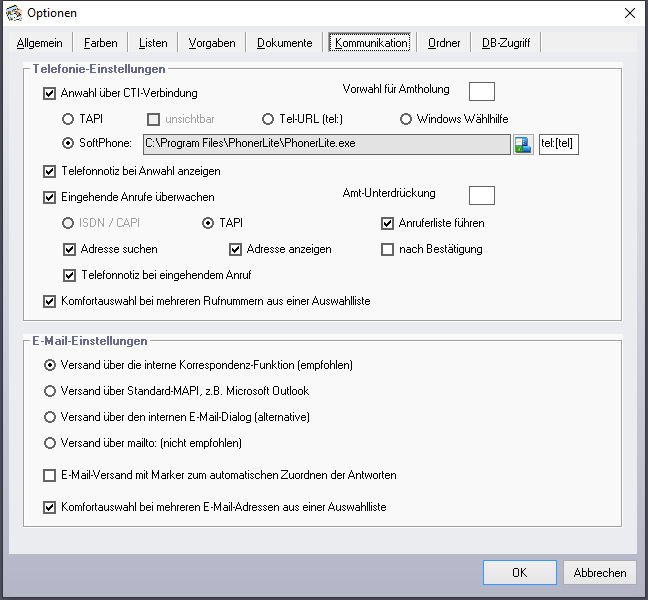 Optionen - Reiter 'Kommunikation'