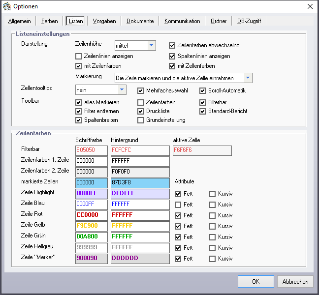 Optionen - Reiter 'Listen'