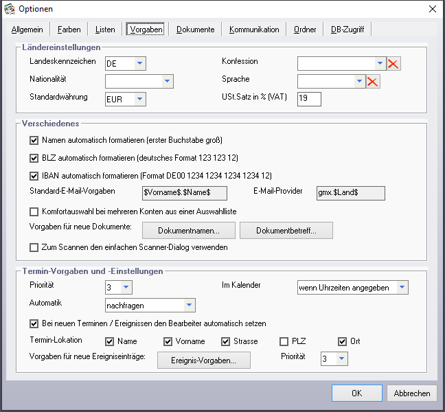Optionen - Reiter 'Vorgaben'