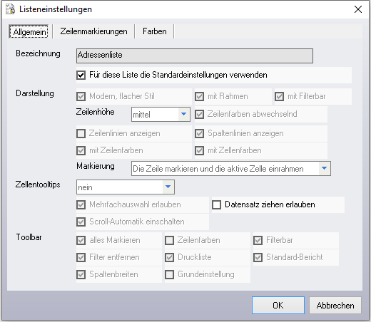 Listeneinstellungen - Allgemein