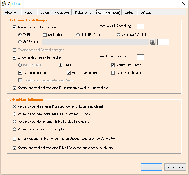 Optionen - Reiter 'Kommunikation'