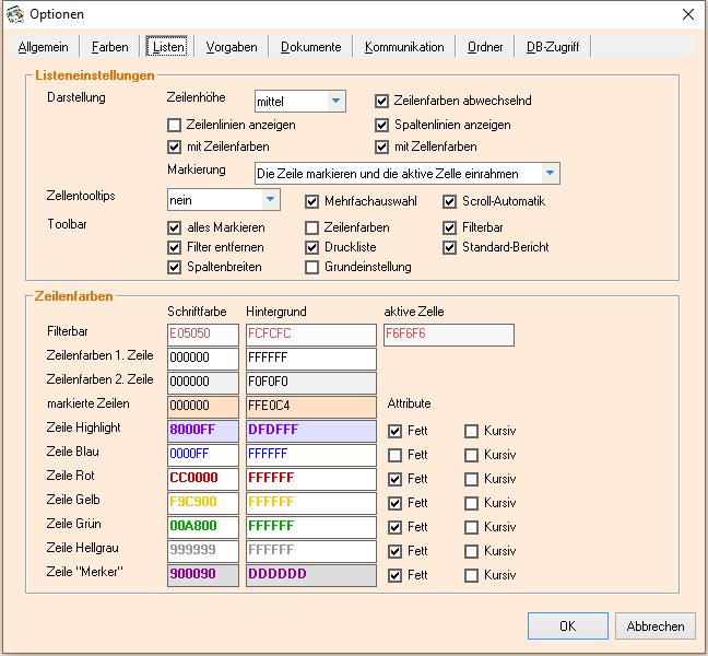 Optionen - Reiter 'Listen'