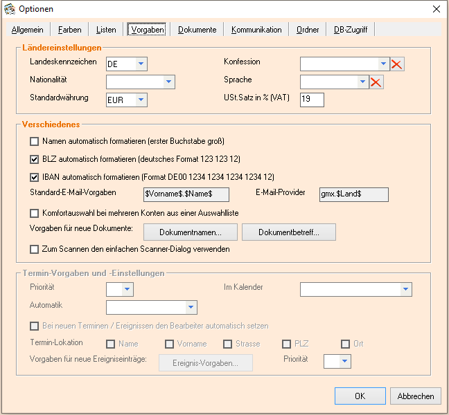 Optionen - Reiter 'Vorgaben'
