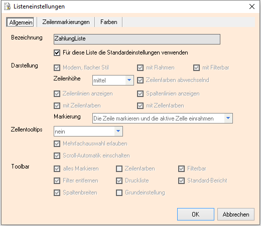 Listeneinstellungen - Allgemein