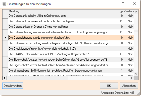Einstellungen zu den Meldungen