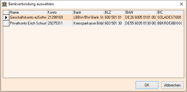 Bankverbindung ausw&auml;hlen