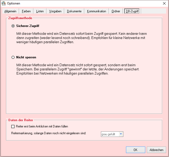 Optionen - Reiter 'DB-Zugriff'