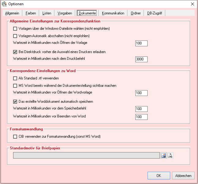 Optionen - Reiter 'Dokumente'