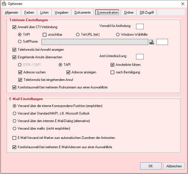 Optionen - Reiter 'Kommunikation'