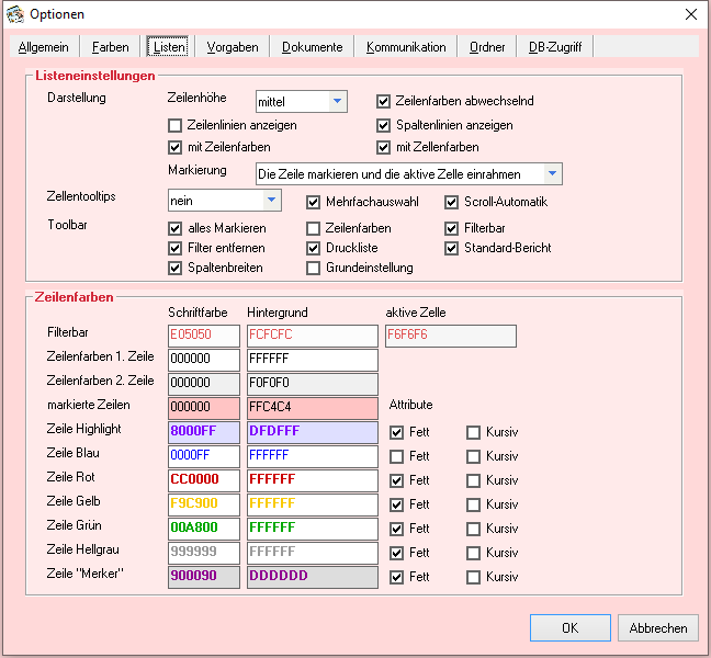 Optionen - Reiter 'Listen'