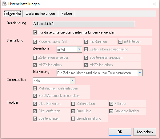 Listeneinstellungen - Allgemein