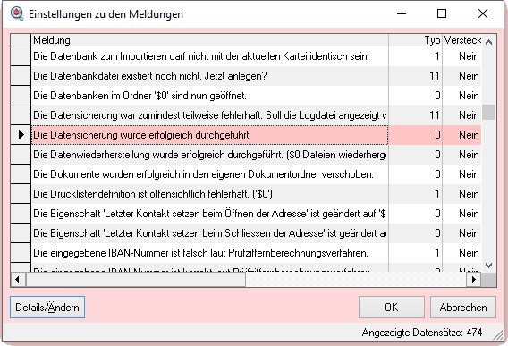Einstellungen zu den Meldungen