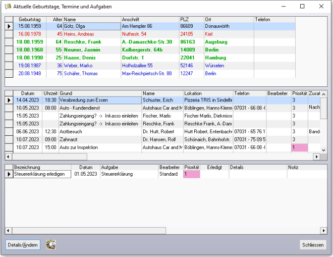 Aktuelle Geburtstage, Termine und Aufgaben