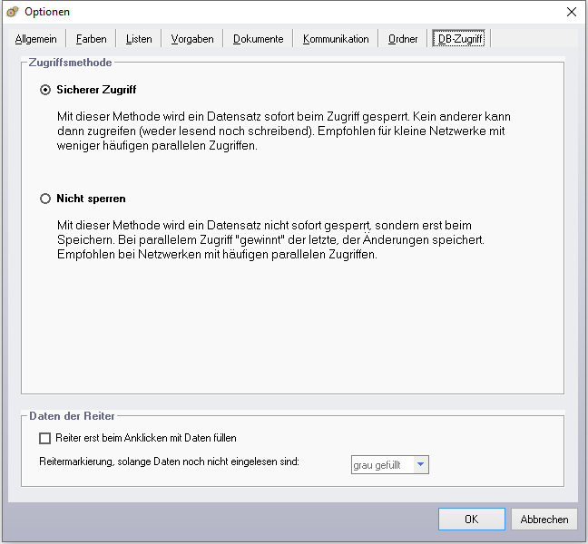 Optionen - Reiter 'DB-Zugriff'