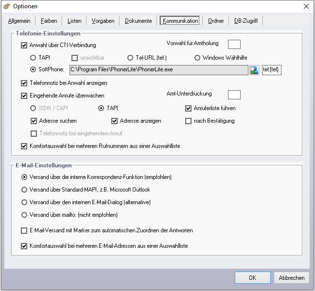 Optionen - Reiter 'Kommunikation'