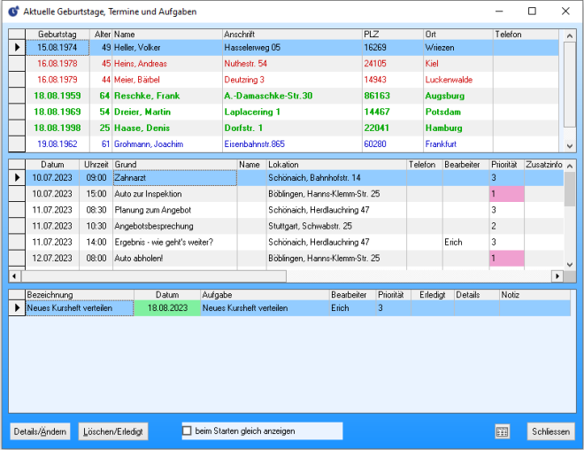 Aktuelle Geburtstage, Termine und Aufgaben