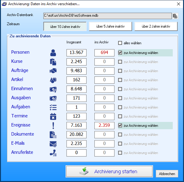 Archivierung: Daten ins Archiv verschieben