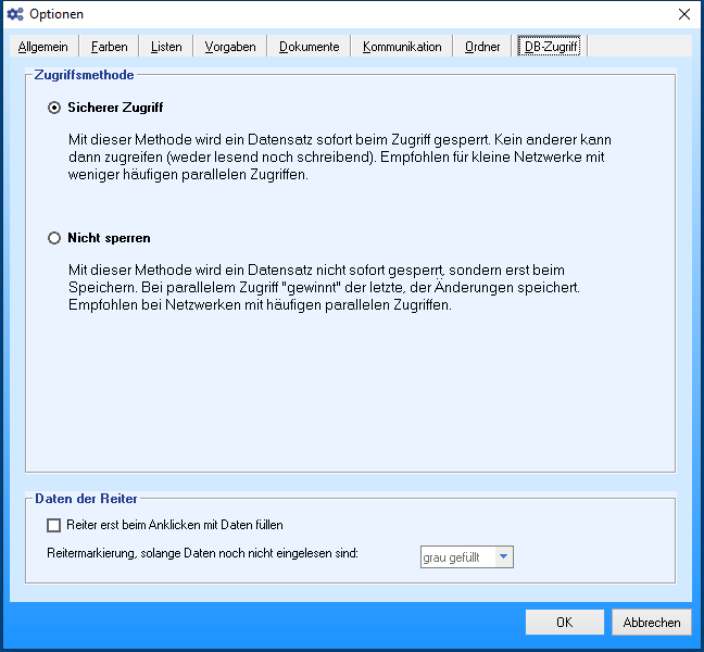 Optionen - Reiter 'DB-Zugriff'