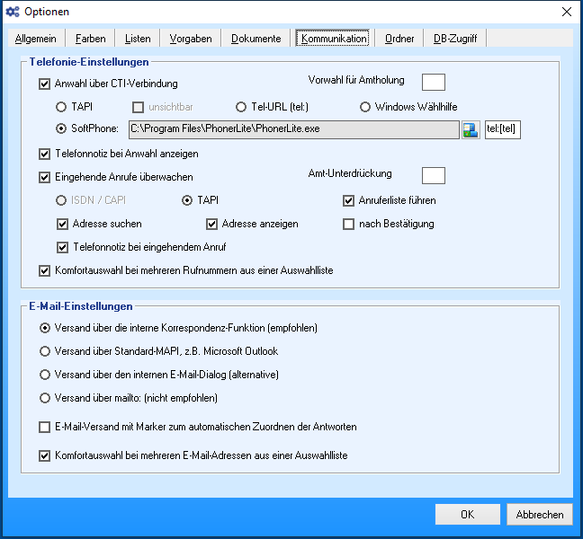 Optionen - Reiter 'Kommunikation'