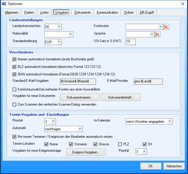 Optionen - Reiter 'Vorgaben'