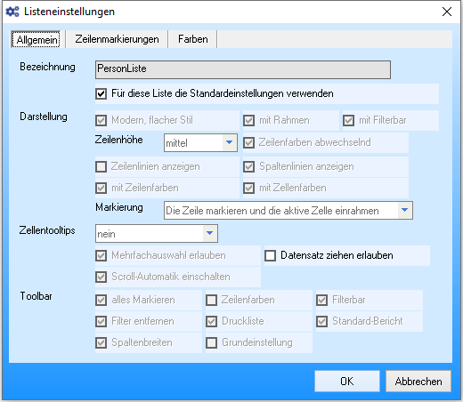 Listeneinstellungen - Allgemein