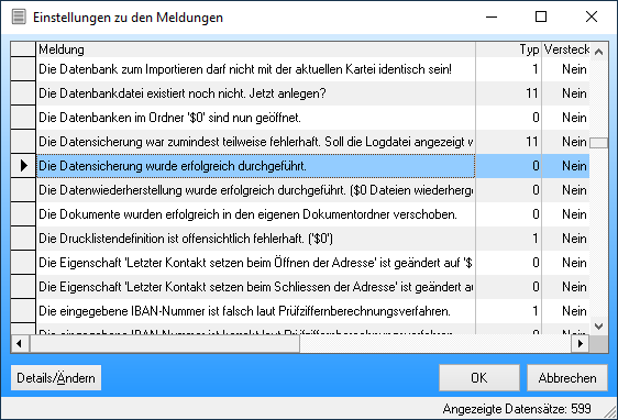Einstellungen zu den Meldungen