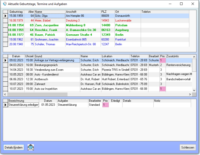 Aktuelle Geburtstage, Termine und Aufgaben