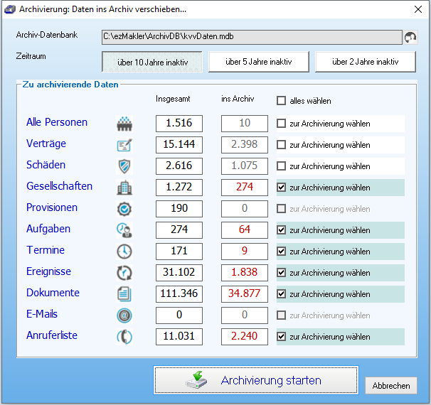Archivierung: Daten ins Archiv verschieben