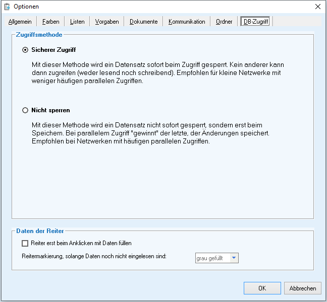 Optionen - Reiter 'DB-Zugriff'