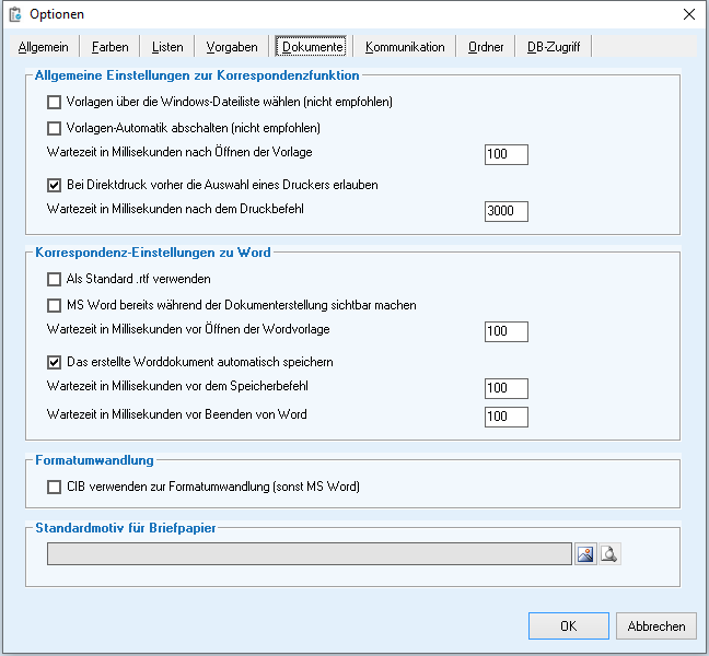 Optionen - Reiter 'Dokumente'
