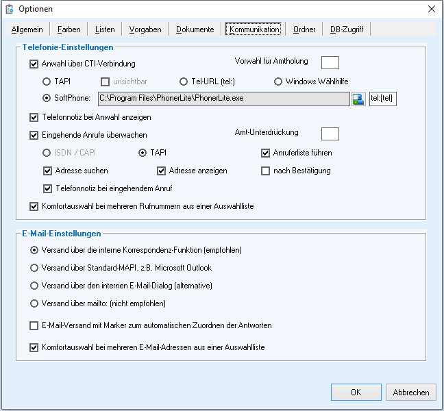 Optionen - Reiter 'Kommunikation'