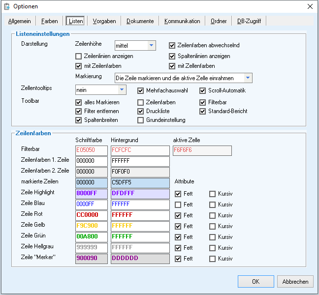 Optionen - Reiter 'Listen'