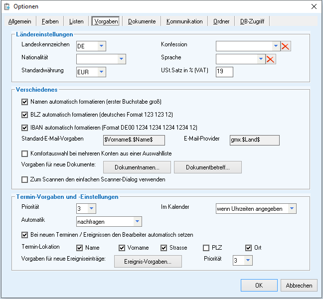 Optionen - Reiter 'Vorgaben'