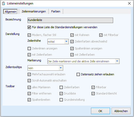 Listeneinstellungen - Allgemein