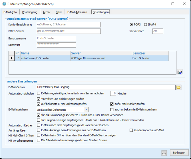 E-Mails empfangen - Einstellungen