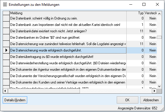 Einstellungen zu den Meldungen